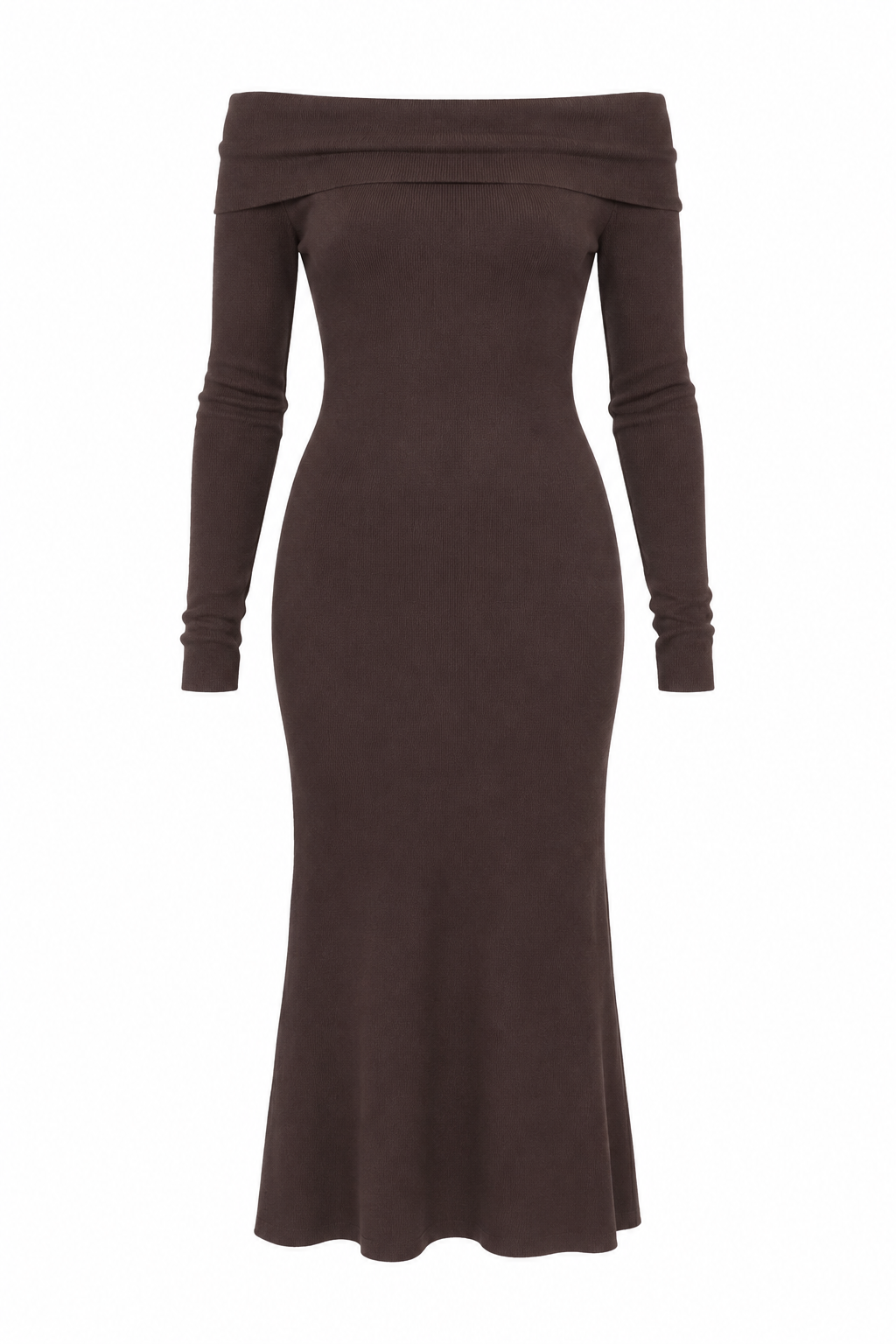Robe longue col Bardot en maille côtelée