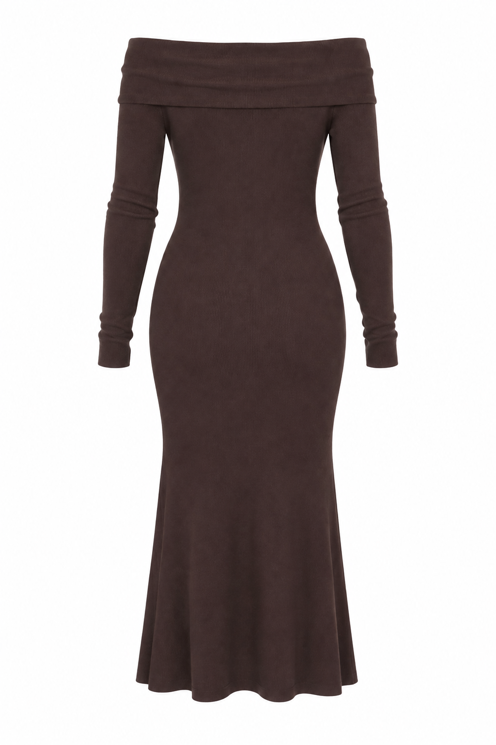 Robe longue col Bardot en maille côtelée